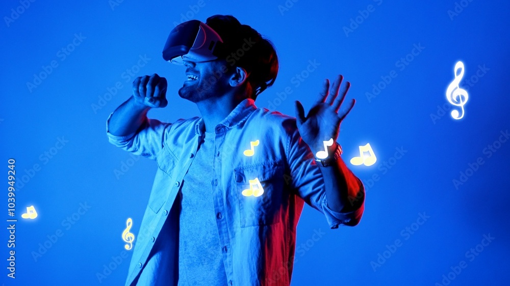 Poster happy dancer wearing vr glasses and moving to song with music note floating in the air. attractive m