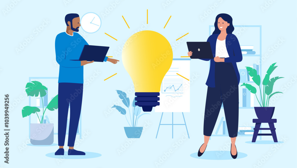 Poster office people idea - two businesspeople it workers or developers coming up with new ideas, working o