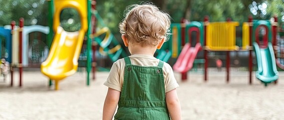 Child exploring a playground, colorful slides, summer day, vibrant atmosphere