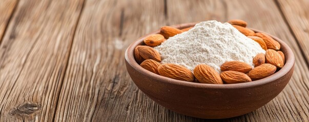 Almond flour and whole almonds in a bowl on a rustic wooden table.