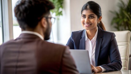 An Indian HR manager interviewing a candidate in an office setting.
