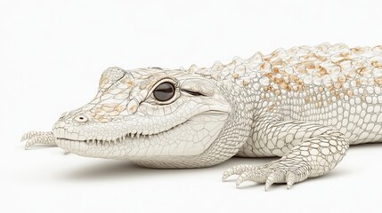 Fototapeta premium Close-up of a white alligator with brown spots, facing the camera with a slightly open mouth.