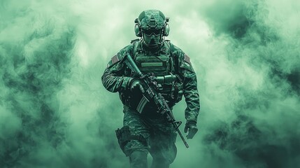 A soldier in camouflage uniform and helmet walks through green smoke with a rifle in hand.