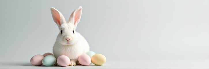 Charming White Bunny with Pastel Eggs for Minimalist Easter Designs