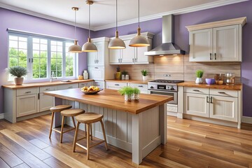 Elegant Spacious Kitchen with Lavender Walls and Light Cherry Wood Counters for Modern Home Decor Inspiration