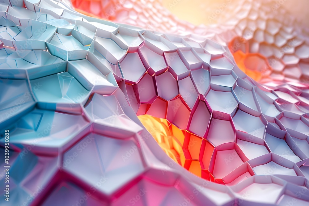 Poster abstract colorful hexagonal patterns in a 3d landscape
