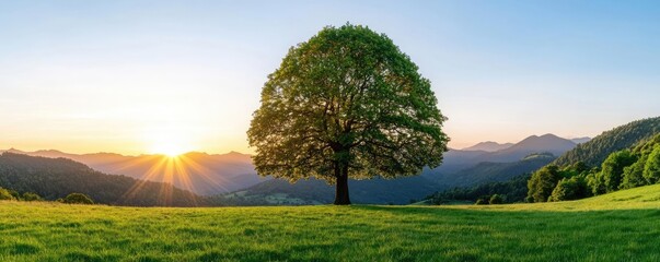 Lone tree in a green field with mountains and sunrise in the background. - Powered by Adobe