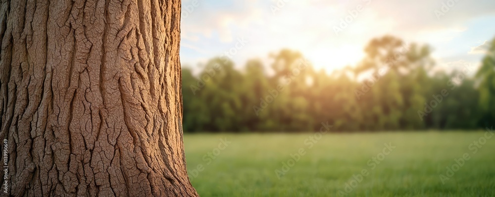 Poster close-up of a tree trunk with sunlight filtering through the leaves in the background.