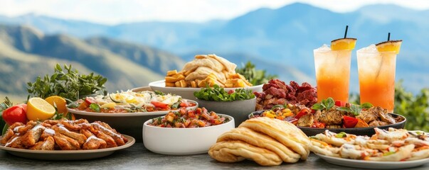 Delicious assortment of food and drinks on a table with a scenic backdrop.