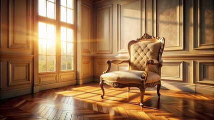 Fototapeta premium Elegant Vintage Chair in Sunlit Room with Classic Wall Paneling and Parquet Flooring