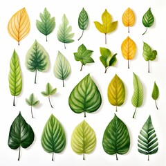 Various Green Leaves Collection on White Background