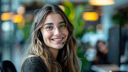 Fototapeta premium Smiling customer service representative in a contemporary call center