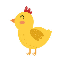 Cute baby chick in cartoon style. Funny little chicken for kids design. Farm character isolated on white background. Vector illustration