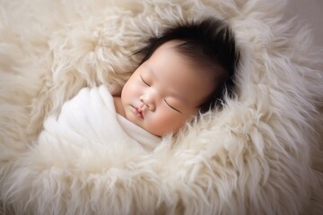 Newborn asian baby sleeping blanket portrait.