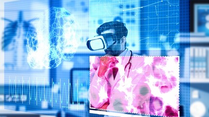 Professional doctor with VR headset analyzing and diagnosis brain anatomy holographic. Professional...