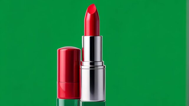 Bright red lipstick showcased against a vibrant green background. Green screen.