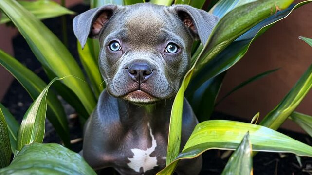 A blue pit bull puppy peeks out from behind green leaves, its blue eyes looking directly at the camera