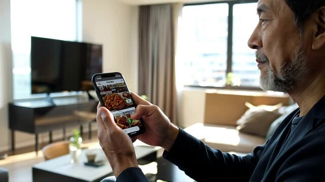 Senior man browsing food delivery app on smartphone