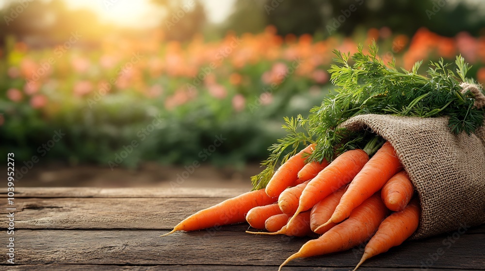 Poster fresh carrots vibrant green tops spilling out of a burlap bag on a rustic wooden table with a bloomi