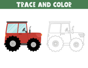 Trace and color game for kids with a tractor. Activity page with a farm transport. Great for coloring book. Vector illustration