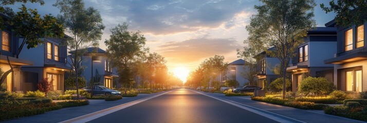 Fototapeta premium Solar-Powered Streetlights in a Sustainable Neighborhood, showcasing innovative design and community commitment to eco-friendly living