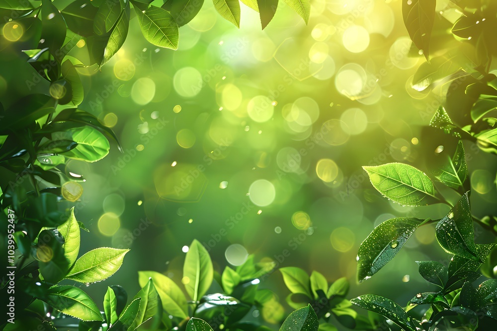 Poster lush greenery with glimmering bokeh effect in nature