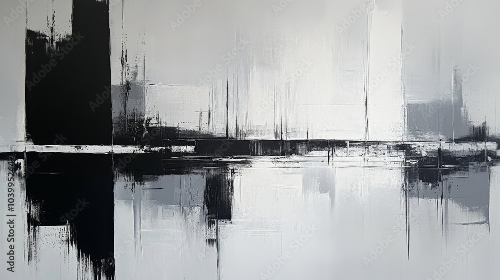 Poster dynamic black and white abstract painting with brushstrokes and lines creating movement and depth on