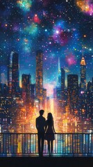 Obraz premium Couple gazing at a vibrant city skyline at night, illuminated skyscrapers resembling stained glass, starry backdrop enhancing the romance.
