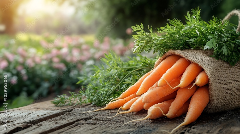Poster fresh carrots vibrant green tops spilling out of a burlap bag on a rustic wooden table with a bloomi