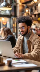 Obraz premium Tech Savvy Individual Working in Modern Coworking Space