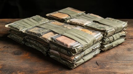 A stack of individually packaged military meals, or MREs, in camouflage packaging on a wooden table.