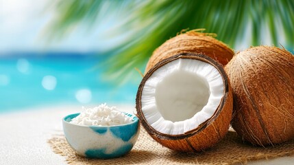 Three coconuts, one cracked open, with coconut flakes in a bowl, set against a backdrop of tropical beach and blue ocean.