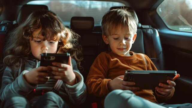Two children are sitting in a car, each holding a cell phone. They are both looking at their phones, possibly texting or browsing the internet. Concept of boredom or restlessness