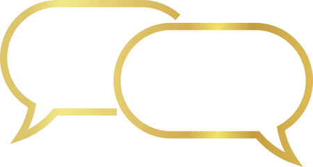 Two overlapping 16x9 aspect ratio oval gold metallic speech bubbles. Blank outline talk balloons with distinctive curved tails on transparent background. 