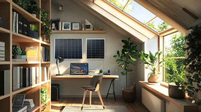 A small office with a desk and a chair, a laptop, and a potted plant
