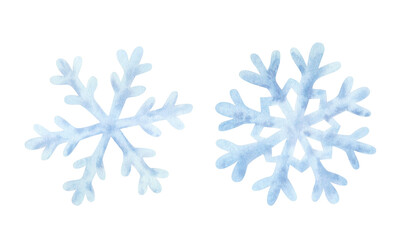 Set of blue snowflake on isolated background. Frozen crystal, symbol of winter. Hand drawn watercolor illustration. For design, cards, invitations, congratulations, packaging, printing, advertising.