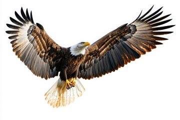 Fototapeta premium An eagle glides effortlessly with its wings fully spread, showcasing its powerful stature and striking features. The eagles keen eyes and strong talons define its presence as it dominates the scene.