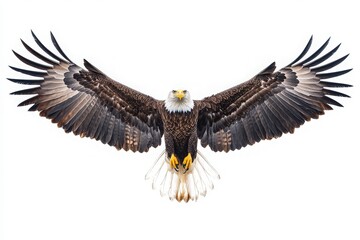 Obraz premium An impressive eagle is captured in mid-flight, showcasing its large, outstretched wings. The striking feathers and sharp beak reflect its powerful presence in a pristine setting.