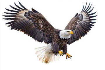 This striking eagle glides elegantly through the air, displaying its impressive wingspan and vibrant plumage. Its sharp eyes and strong talons signify mastery of aerial prowess.