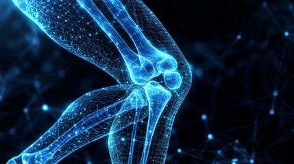 Digital Illustration of Human Knee Joint with Futuristic Technological Feel on Black Background with Network-Like Pattern.