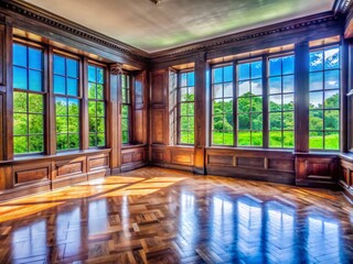 Fototapeta premium Empty Room with Dark Wood Paneling and Large Windows for Interior Design Inspiration