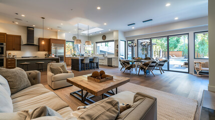 Light wooden floor kitchen interior with dining table and cooking space near window ,Beautiful living room with hardwood floors, fireplace, and large bank of windows with view of lush vegetation