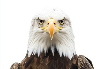 The eagle stands at the center, its piercing gaze directed forward, emphasizing its strength and majestic features. The pure white backdrop highlights its striking plumage and regal stance.