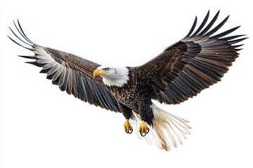 Naklejka premium An eagle is soaring high with its wings fully extended, showcasing its impressive feathers. The bird exudes power and freedom against a bright, uncluttered backdrop.