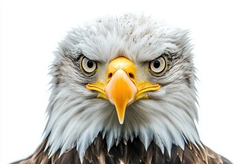 Fototapeta premium A majestic eagle stares directly at the viewer, showcasing its piercing eyes and detailed feathers. The isolated backdrop emphasizes the birds regal presence and sharp features.