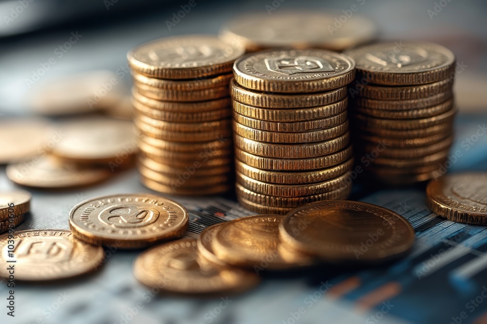 Poster stacks of shiny gold coins arranged on a textured surface with a blurred background