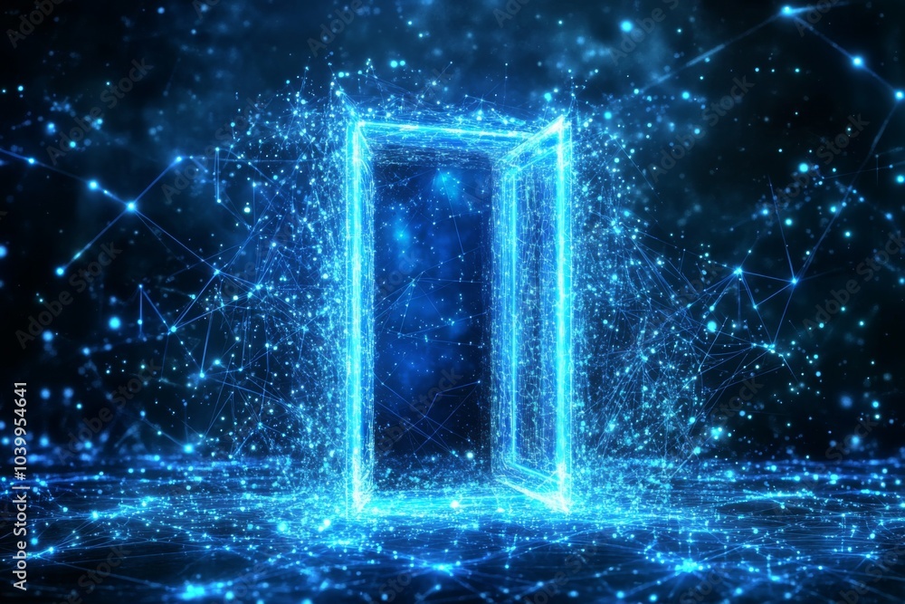 Poster futuristic 3d rendering of a networked blue doorway in dark background with technological landscape 