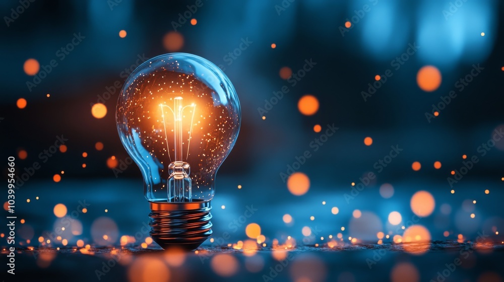 Poster light bulb glowing on dark blue background with orange bokeh lights, creating a dreamy and ethereal 