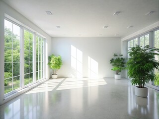 Obraz premium Empty White Room with Foliage Shadows Creating a Tranquil Atmosphere for Modern Interior Design