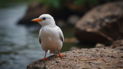 Obraz premium A white bird with an orange beak and legs perched on a rock near a body of water.